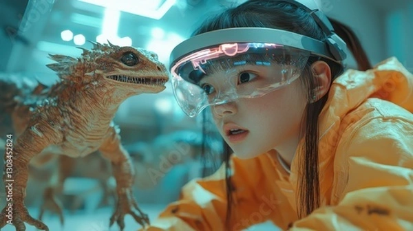 Obraz Child in Virtual Reality Interacting with Dinosaur Robot Model