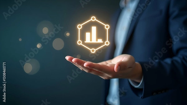 Obraz Hand Showcasing Holographic Productivity Icon: Enhancing Low Code Development in a Minimalist Background with Empty Space for Creative Concepts in Photo Stock