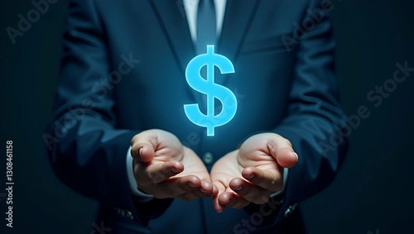 Fototapeta Hand Presenting Holographic Improvement Icon for Profit Management in Minimalist Background