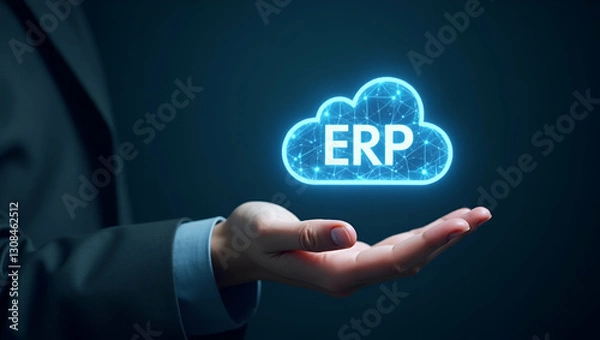 Fototapeta Hand Holding Holographic Cloud Symbol for ERP Software in Minimalist Design
