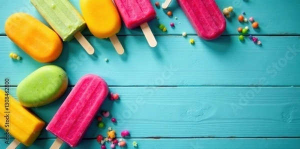 Fototapeta Assorted colorful popsicles arranged on turquoise painted wood , background, july