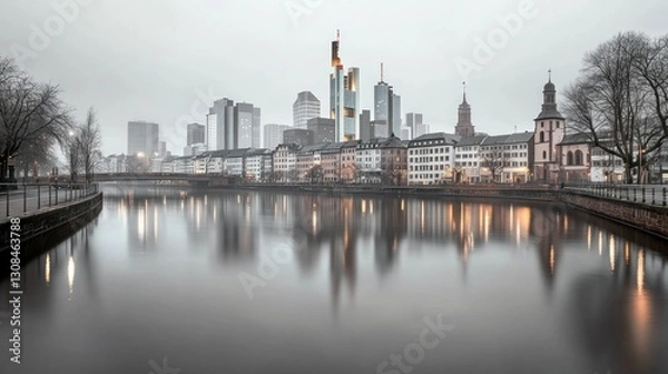 Fototapeta Misty Frankfurt skyline reflected in canal
