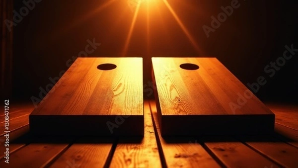 Fototapeta Corn hole game board designs illuminated by warm light, showcasing the wooden texture and craftsmanship.