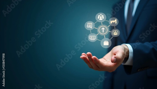Fototapeta Flat Data Driven Hiring: A Cute Vector Illustration of Hand Holding Floating Recruitment Insight Icons for Modern HR Strategies