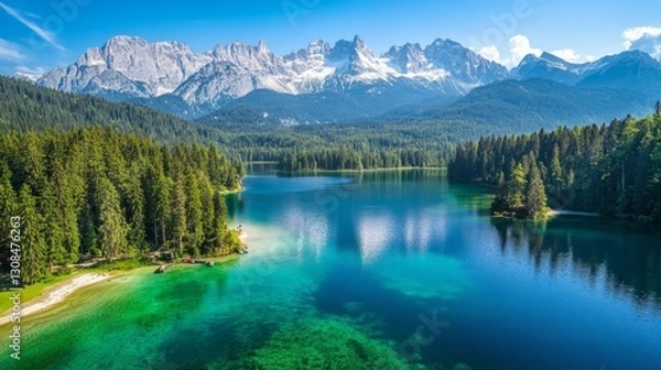 Fototapeta Serene Mountain Lake Surrounded by Lush Forest and Majestic Peaks