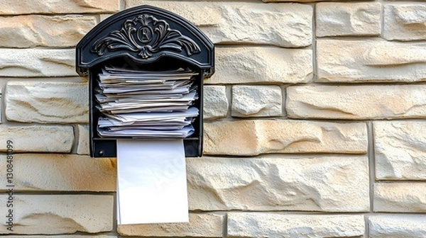 Obraz Overfilled mailbox overflowing with letters and blank note sticking out.  Stone wall background.