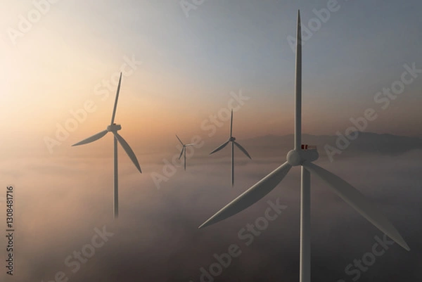 Obraz Wind turbine rising above clouds illuminated by sunrise