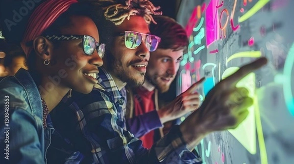 Obraz Diverse team brainstorming on interactive whiteboard, neon colors.  Creative collaboration, innovation, ideas.