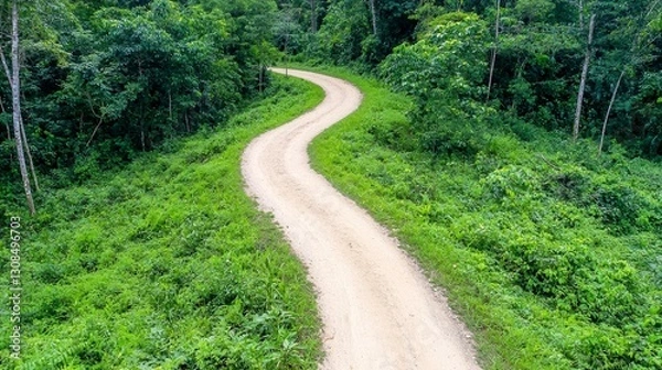 Obraz Dusty dirt road leading through dense jungle surrounded by lush green foliage and tropical plants