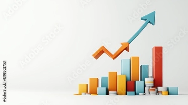 Fototapeta solid pastel Curved graph with arrow moving up. Over white Studio Background.
