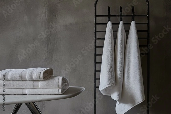 Fototapeta Neatly stacked white towels in a modern bathroom. Soft, clean, and fluffy textiles for spa, home, and hotel concepts. Wellness, relaxation, and hygiene-related content