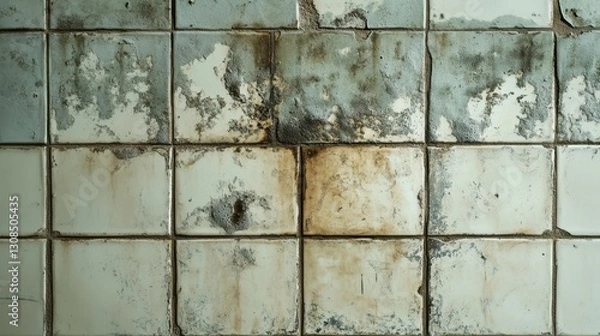 Fototapeta Aged, decaying square tiles, mottled green, brown, and white. Ideal for backgrounds needing a grunge, weathered, or abandoned aesthetic.