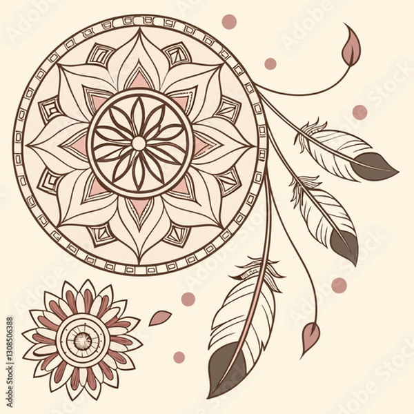 Fototapeta Dreamcatcher illustration mandala design feathers native American inspired bohemian art intricate patterns earth tones circular motifs hand-drawn style