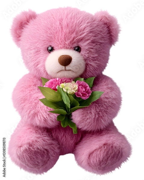 Fototapeta High-Definition Fluffy Teddy Bear with Bouquet - PNG