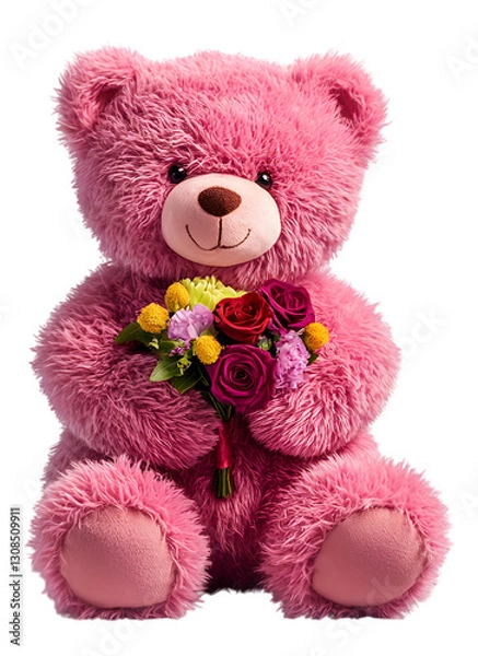 Fototapeta High-Definition Fluffy Teddy Bear with Bouquet - PNG