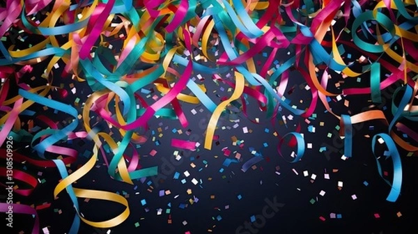 Fototapeta Bright cheerful New Year's dark background with ribbons of multi-colored serpentine ribbons and confetti.