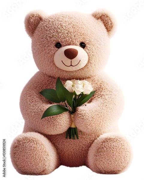 Fototapeta High-Definition Fluffy Teddy Bear with Bouquet - PNG