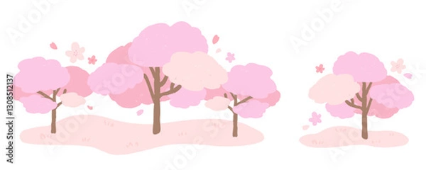 Fototapeta Spring image of cherry blossom trees, cute hand-drawn illustration with texture / 春をイメージした桜並木、テクスチャのあるかわいい手描きイラスト