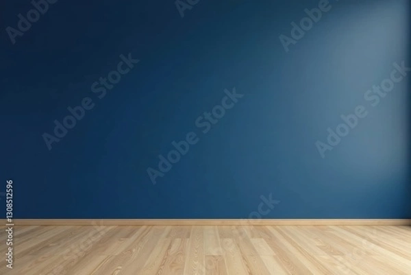 Fototapeta Navy blue wall, polished oak floor Vast empty space , architecture, studio