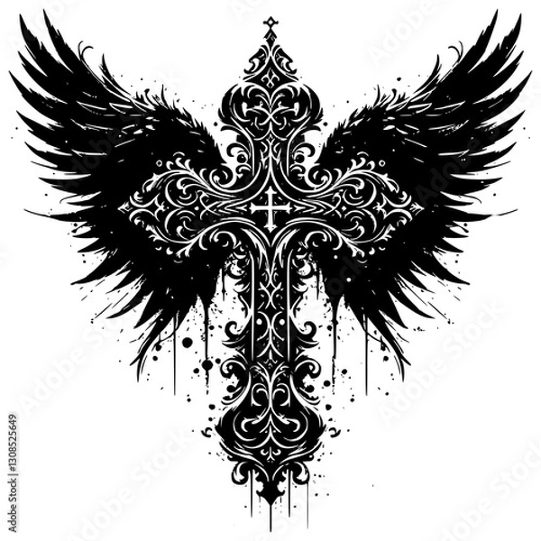 Fototapeta Cross of the Fallen Angel: An intricate, artistic interpretation of a cross with detailed wings and a touch of gothic elegance.