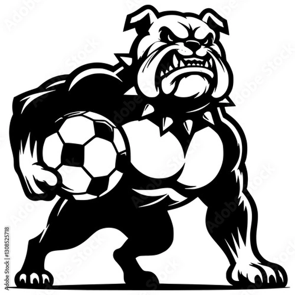 Fototapeta Bulldog Guardian with Soccer Ball: A muscular bulldog stands poised, gripping a soccer ball, exuding strength and determination, perfect for representing sports teams or themes of power.