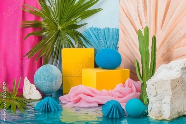 Fototapeta Colorful Abstract Tropical Scene with Geometric Shapes and Water Reflection
