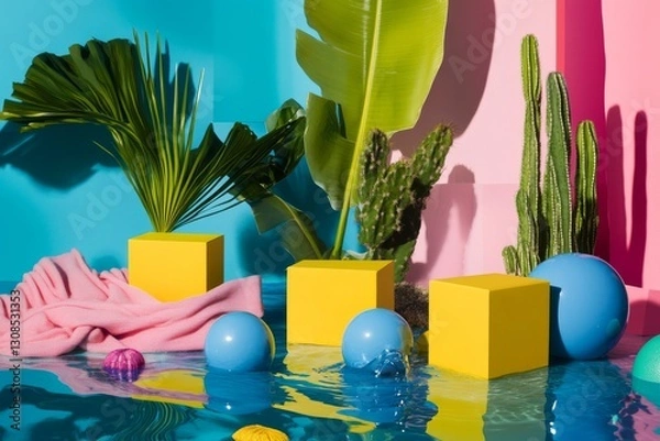 Fototapeta Colorful Abstract Tropical Scene with Geometric Shapes and Water Reflection