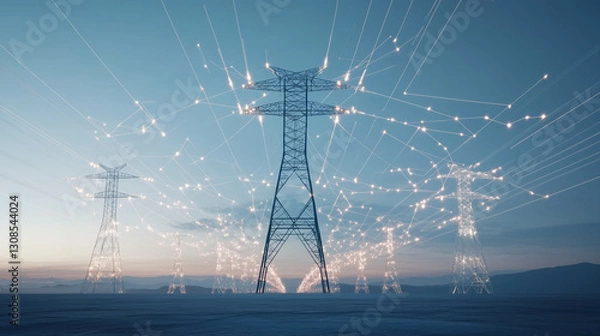 Fototapeta Power Grid: A dramatic landscape of high voltage electricity transmission towers silhouetted against a sky infused with lines of glowing energy.