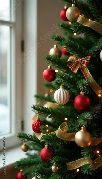 Fototapeta Decorated Christmas tree with simple ribbon garland, greenery, classic