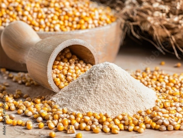 Fototapeta Close-up of golden corn kernels in a wooden scoop showcasing the raw material used for corn flour production and processing