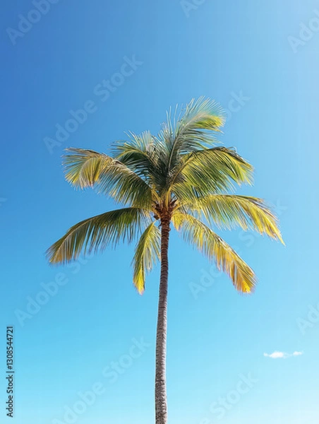 Fototapeta Tropical Paradise: A majestic palm tree, reaching skyward with its lush fronds against the azure blue sky, evokes feelings of serenity and escape.