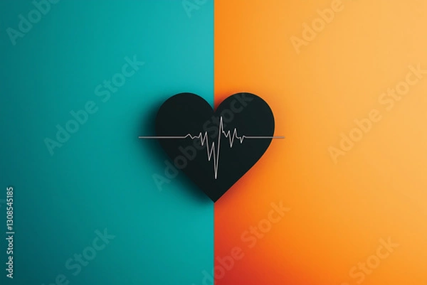 Fototapeta A heart icon featuring an electrocardiogram line on a blue and orange background.