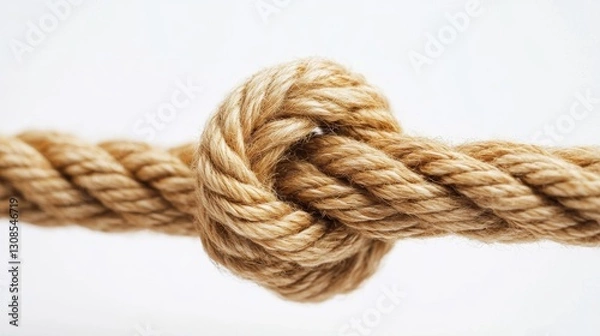 Obraz Close-up macro view of a rugged knot in thick, textured rope, symbolizing resilience, stability, and teamwork, with an organic and rustic appeal.. AI Generation