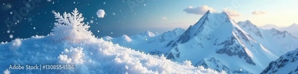 Fototapeta Snowflakes fall gently on a snowy mountain peak, snowflake, peaceful scene