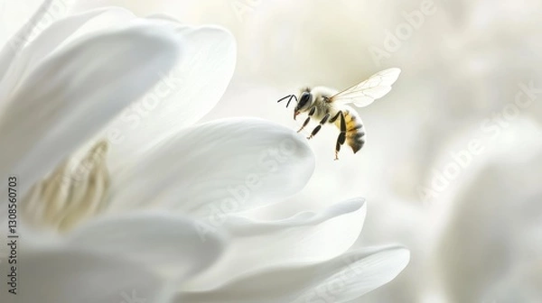 Fototapeta Honeybee hovering over a white flower.