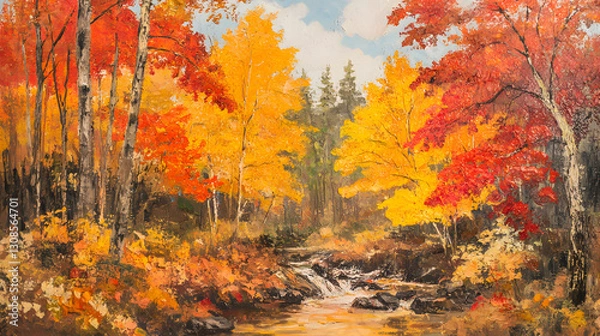 Fototapeta Autumn forest with vibrant red orange and yellow leaves scenic stream nature wallpaper tranquil environment aesthetic viewpoint