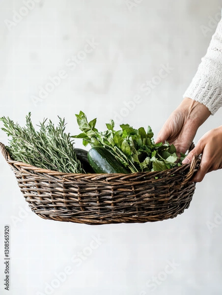 Fototapeta Fresh Harvest: A rustic wicker basket overflowing with fresh herbs and vegetables is gently held by a person. capturing the essence of healthy eating and farm-to-table freshness.
