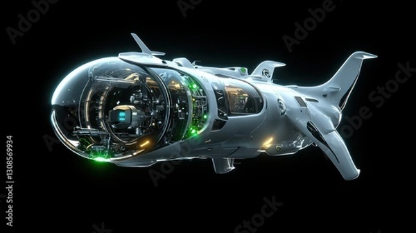 Fototapeta Futuristic Submarine Design: Captivating view of a sleek, innovative submarine, featuring a transparent cockpit, advanced interior technology, and a dynamic design concept. 