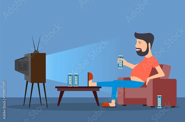 Fototapeta ridiculous caricature the man in front of the TV