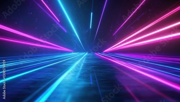 Fototapeta Dynamic Neon Laser Beams Creating Vibrant Light Trails in Dark Space with Reflective Floor Surface and Futuristic Atmosphere for Visual Impact