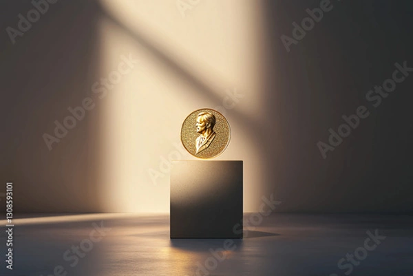 Fototapeta A golden Nobel Prize medal is displayed on a stone pedestal with soft lighting, symbolizing excellence and honor in a minimalistic setting.