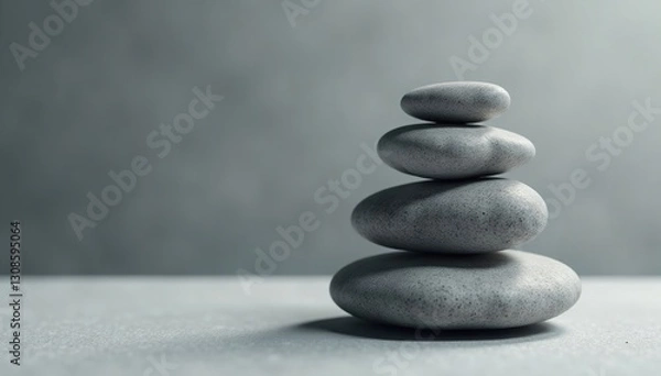 Fototapeta Precariously balanced stack of smooth grey stones; soft shadows , shadow, stones, gravity