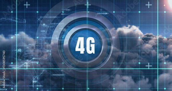 Fototapeta Image of grid and data over 4g text and cloudy sunset sky