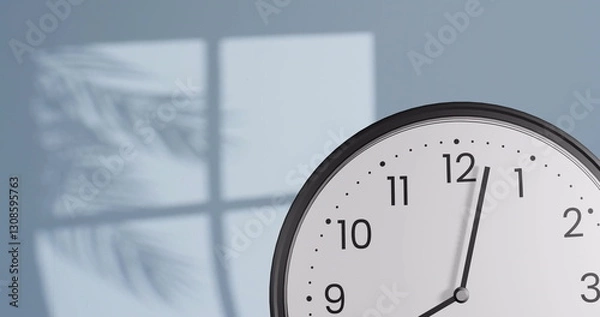 Fototapeta Image of fast moving hands on clock over wall with shadow of leaves and window