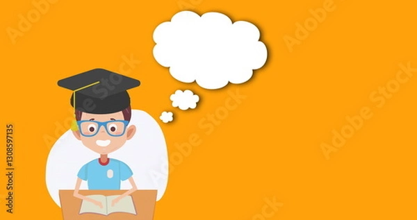 Fototapeta Image of caucasian schoolboy with graduation cap and empty thought bubble on orange