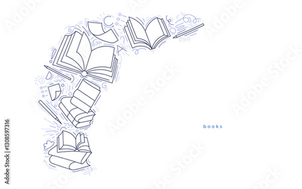 Fototapeta Open books. Vector line art design. Study stack