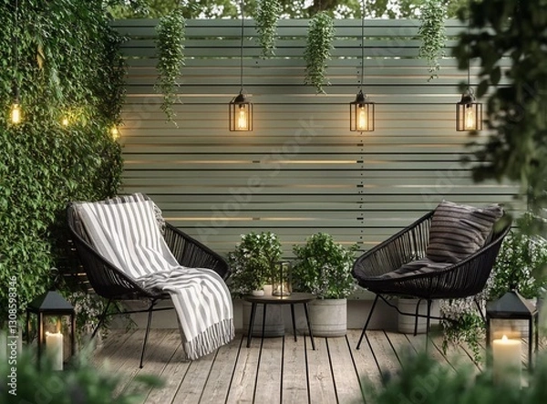 Obraz 
A cozy wooden terrace with black rattan chairs, a striped white and grey blanket on the chair backs, lanterns hanging from plants in planters, light green wooden slats on the walls, a garden view, a 