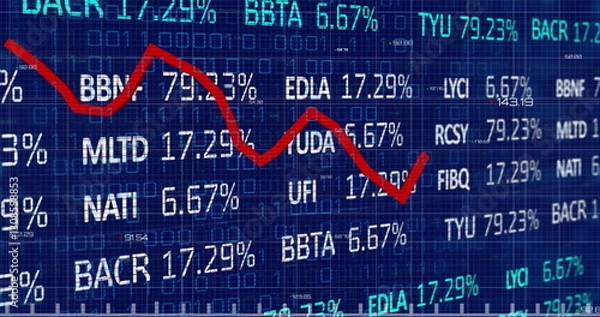 Fototapeta Image of financial data processing with stock market on blue background