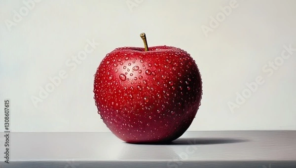 Fototapeta Red Apple with Water Droplets on Light Surface