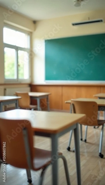 Fototapeta Blurred elementary school classroom, empty chairs and desks , desks, education